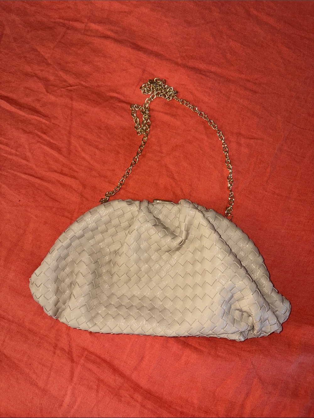 Sondra Roberts Woven Cream Leather Clutch with Gold Chain